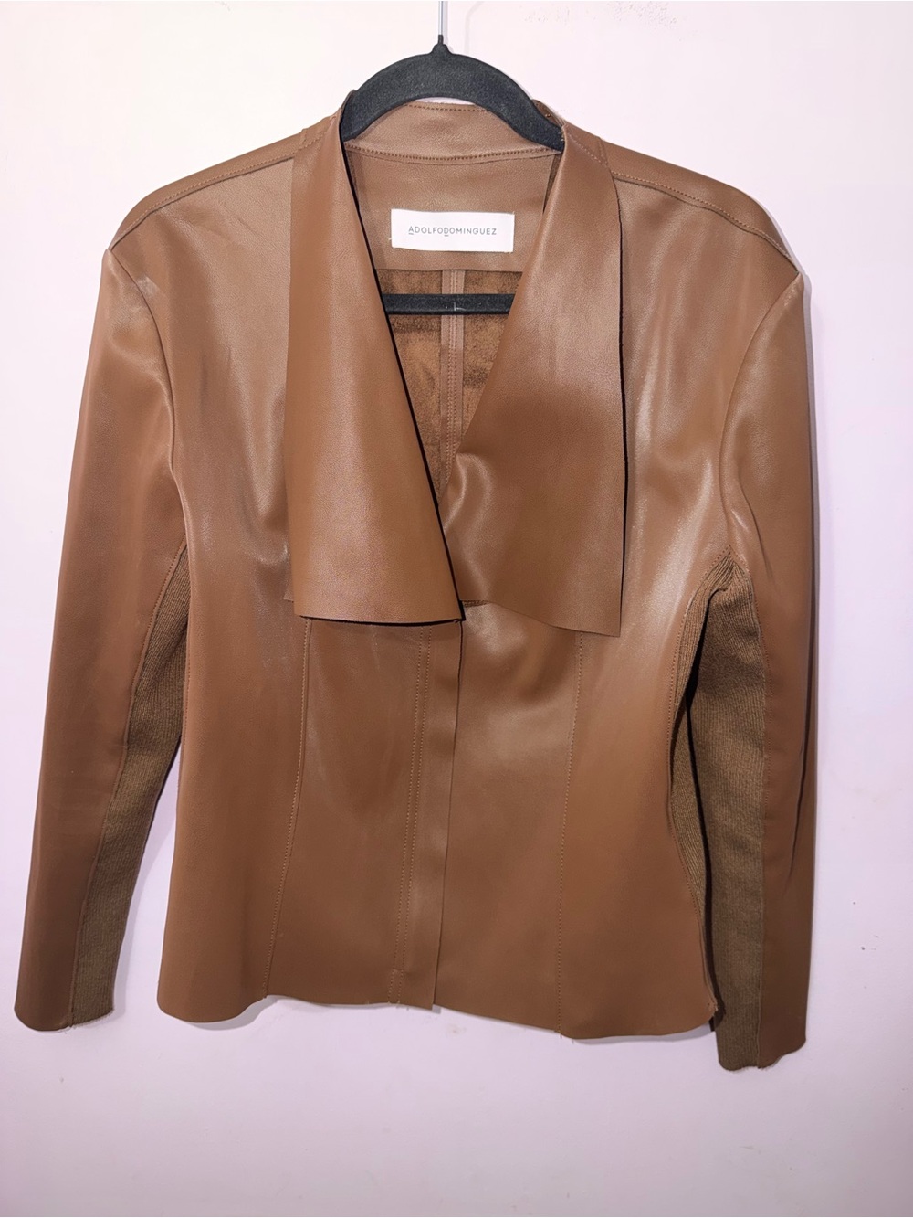 NWOT Adolofo Domínguez draped waterfall faux leather jacket Cognac Tan Brown